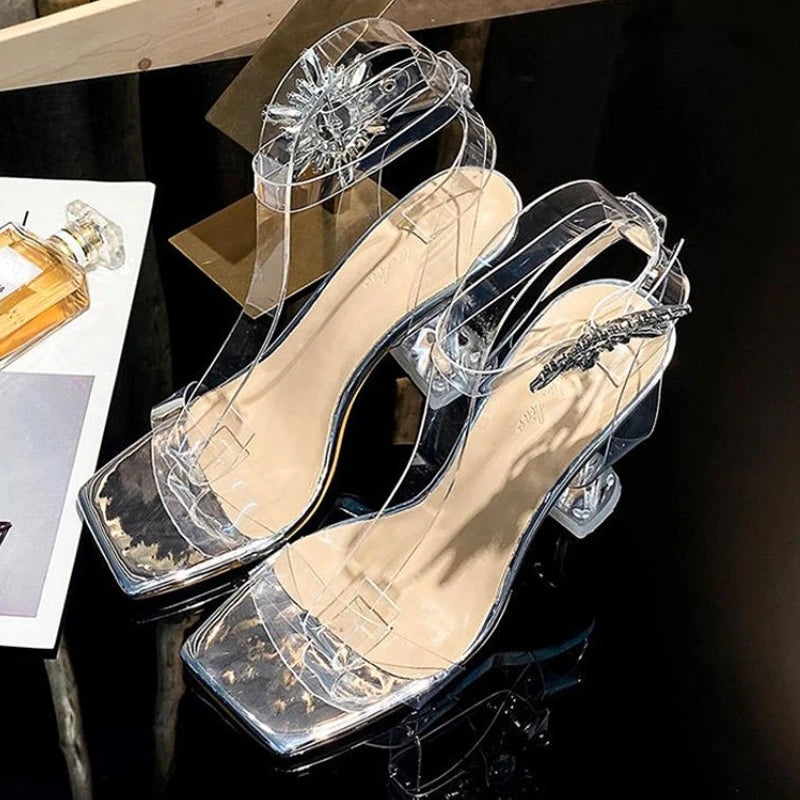 Square Toe Summer Sandalias Transparentes 2025 Transparent Luxury Diamond Clear Sandals for Women