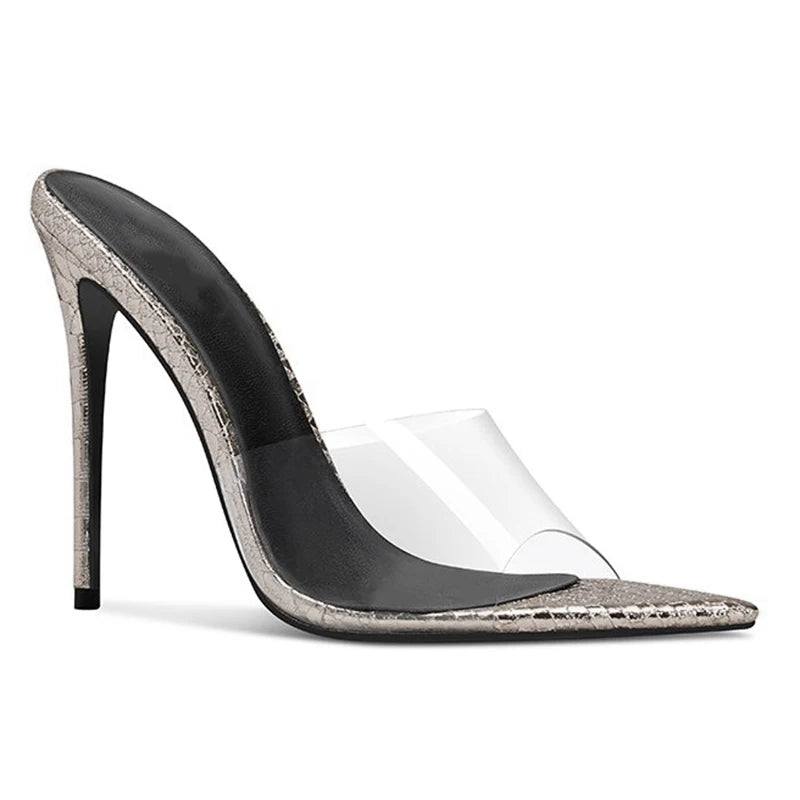 Pointed Toe Elegant Snake PU Leather Transparent Clear PVC Shoes Summer Mule Sandals
