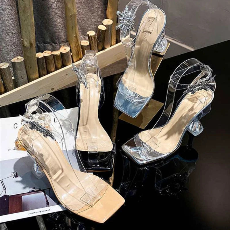 Square Toe Summer Sandalias Transparentes 2025 Transparent Luxury Diamond Clear Sandals for Women
