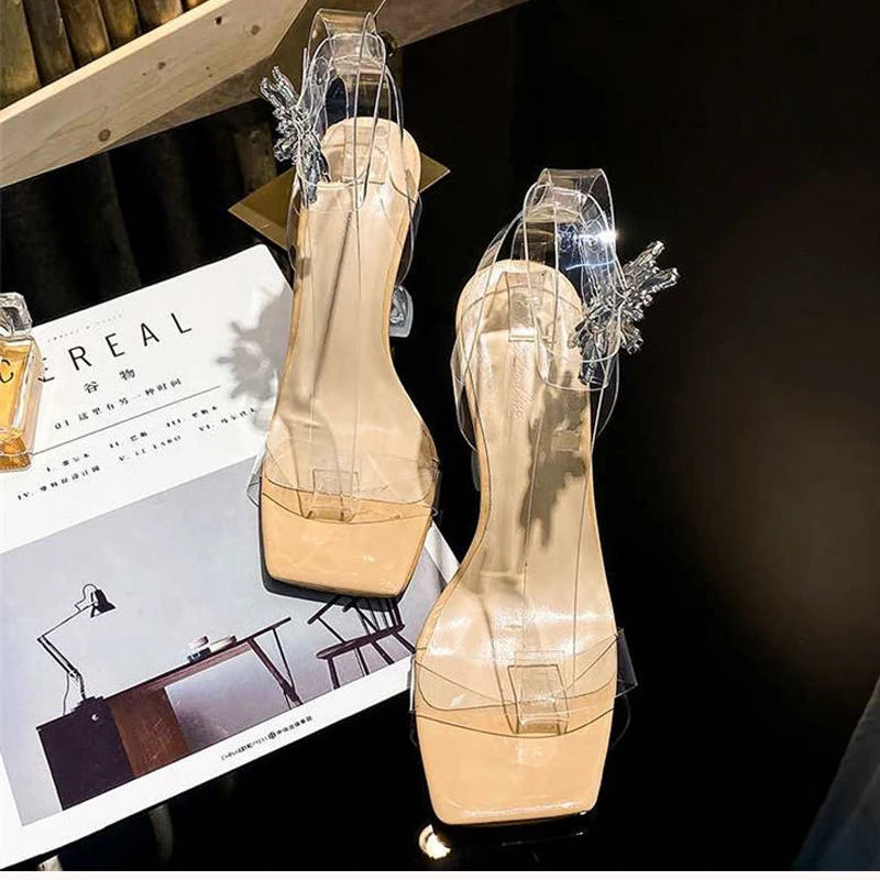 Square Toe Summer Sandalias Transparentes 2025 Transparent Luxury Diamond Clear Sandals for Women