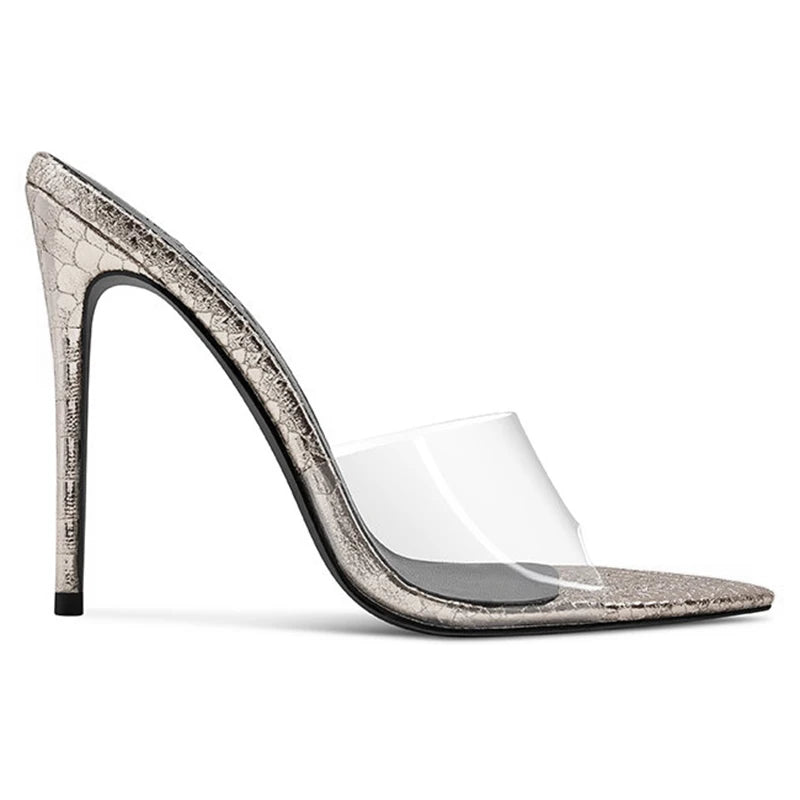 Pointed Toe Elegant Snake PU Leather Transparent Clear PVC Shoes Summer Mule Sandals