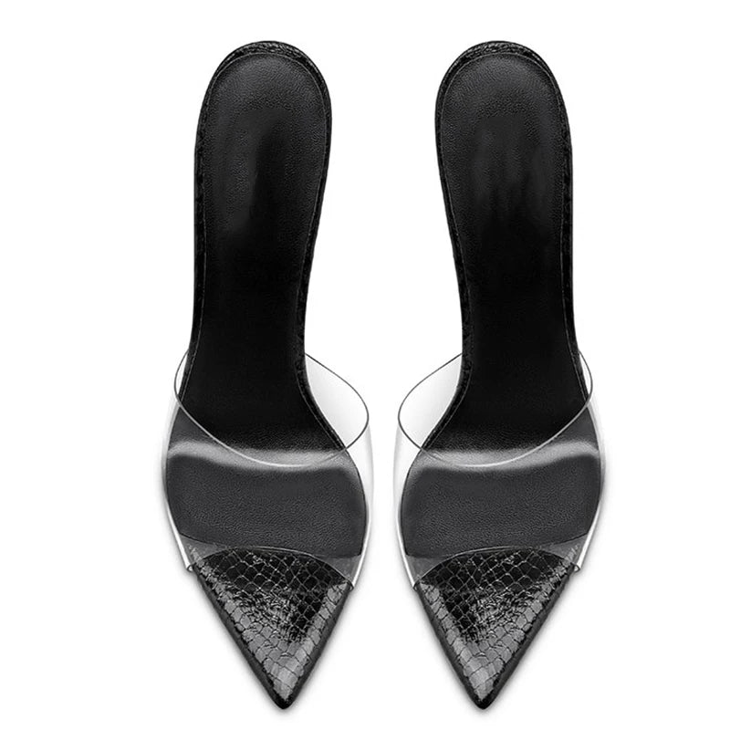 Pointed Toe Elegant Snake PU Leather Transparent Clear PVC Shoes Summer Mule Sandals