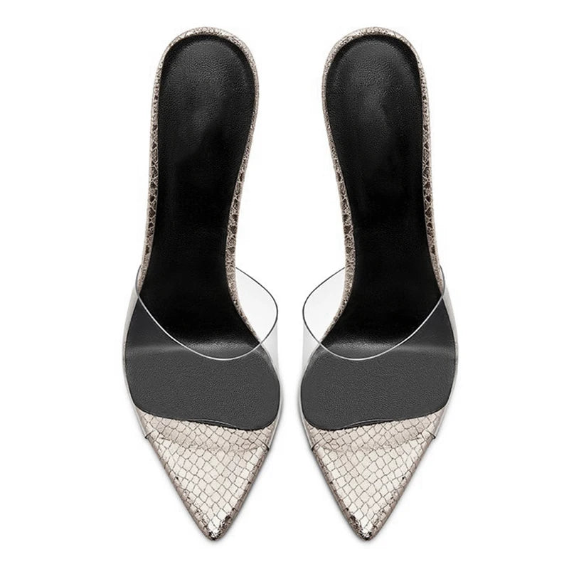 Pointed Toe Elegant Snake PU Leather Transparent Clear PVC Shoes Summer Mule Sandals
