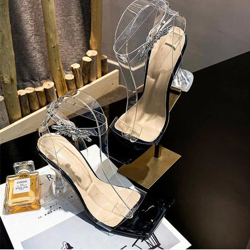 Square Toe Summer Sandalias Transparentes 2025 Transparent Luxury Diamond Clear Sandals for Women