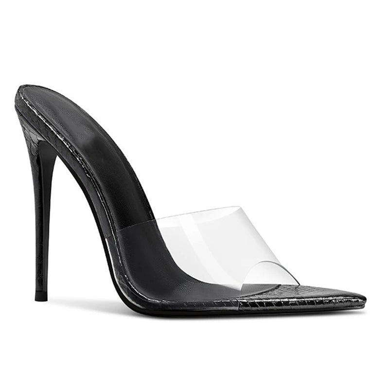 Pointed Toe Elegant Snake PU Leather Transparent Clear PVC Shoes Summer Mule Sandals
