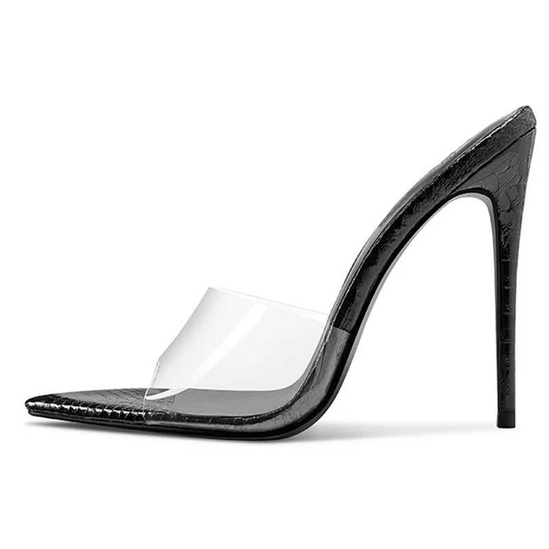Pointed Toe Elegant Snake PU Leather Transparent Clear PVC Shoes Summer Mule Sandals