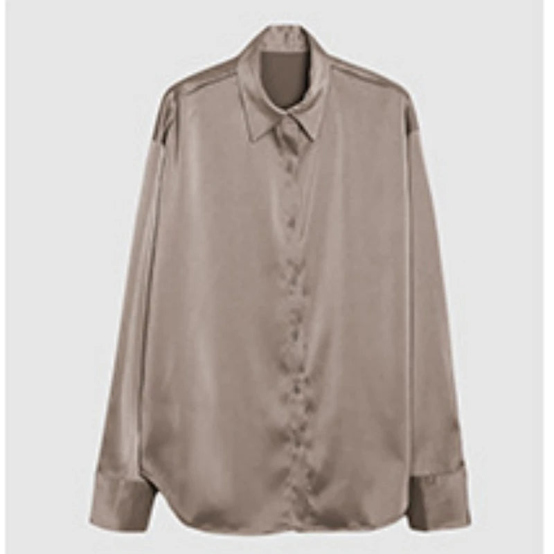 Spring Fashion Button Up Satin Silk Shirt Vintage Blouse Women White Tops Lady Long Sleeves Female Loose Street Shirts 11355