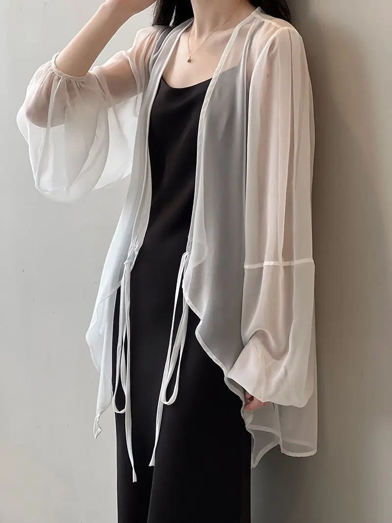 Shirts Women V-neck Loose Long Sleeve Open Stitch Korean Style Lace-up Simple Solid Summer Chiffon Breathable Minimalist Stylish