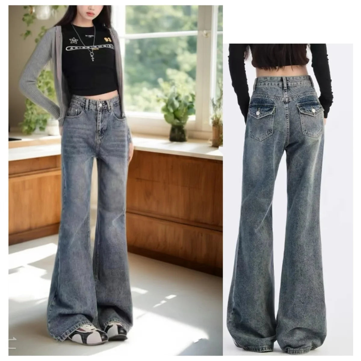 Women's High Waisted Flared Jeans American Retro Fashion Casual Denim Trousers Hot Girl Style Long Pants Versatile for daily use
