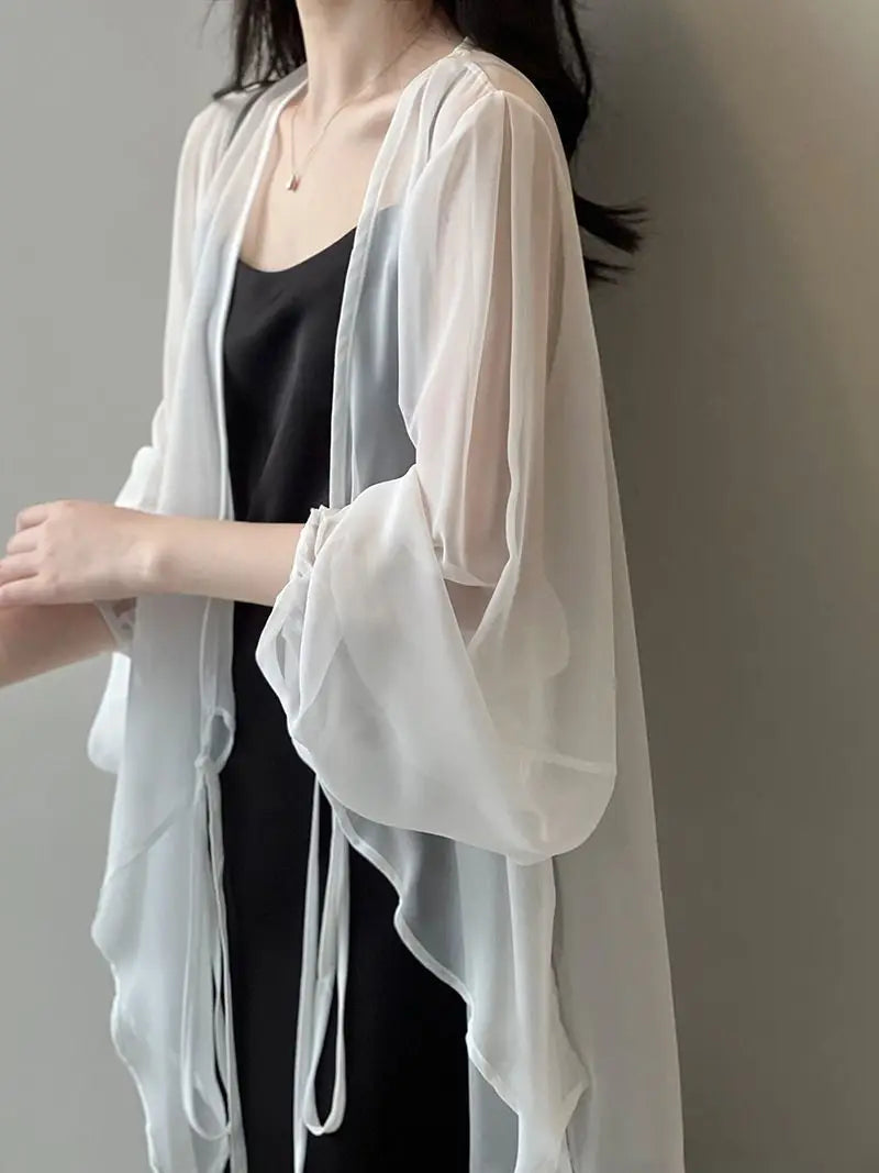 Shirts Women V-neck Loose Long Sleeve Open Stitch Korean Style Lace-up Simple Solid Summer Chiffon Breathable Minimalist Stylish