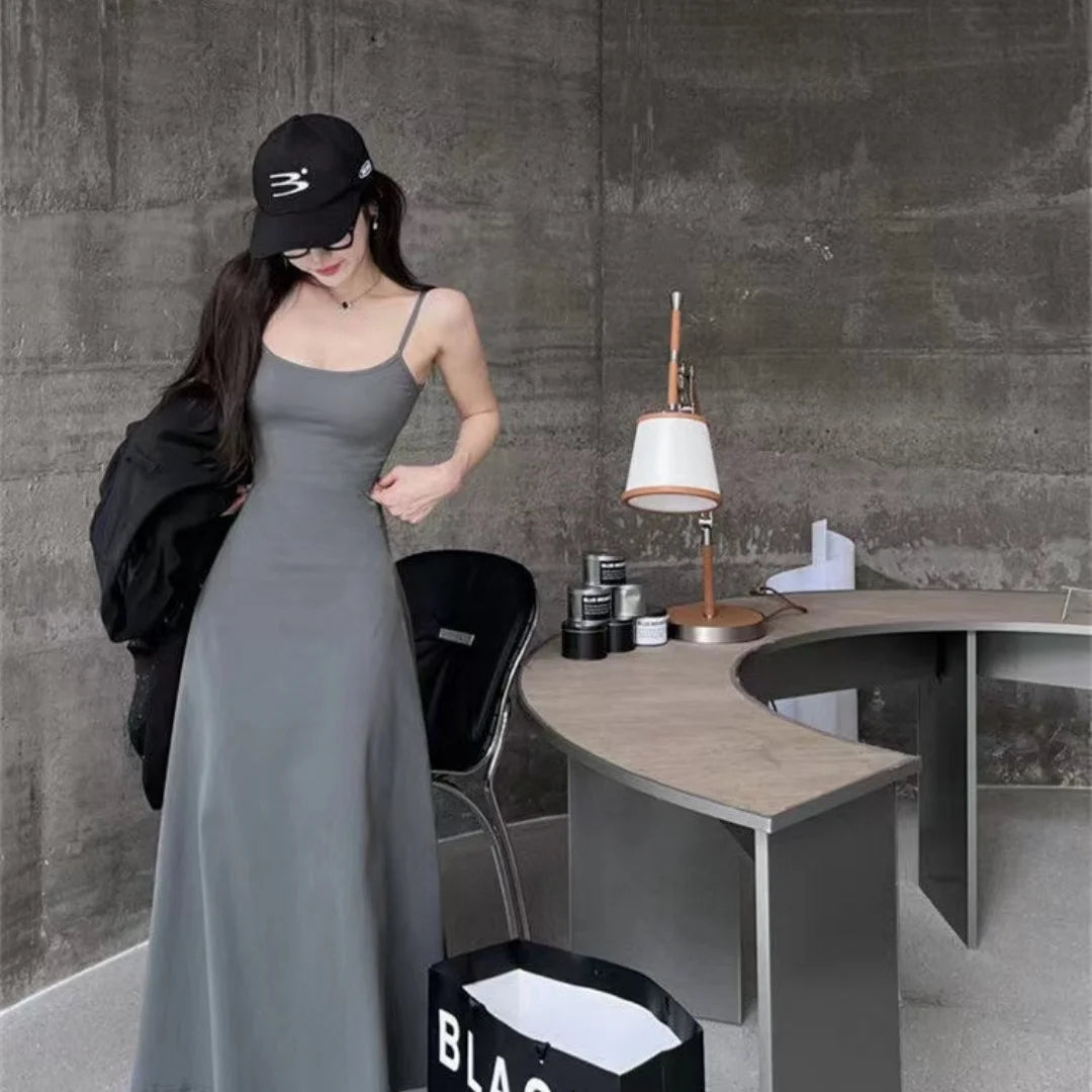 Summer new fashion simple temperament sling long backless slim waist sexy sweet hot girl casual dress women's clothing