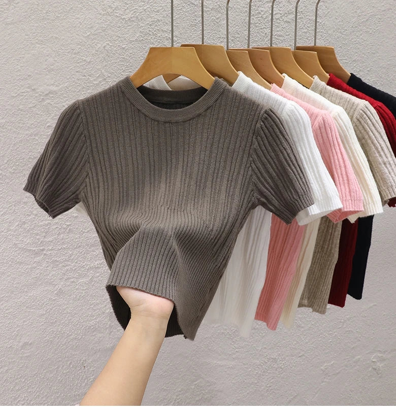 2026 Summer T shirts for Women Casual Female Korean Knit Streetwear Tees Basic Solid Young Cool Tops