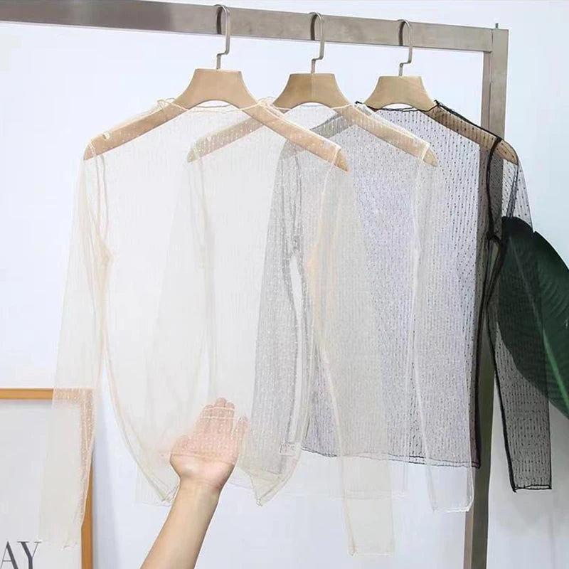 Spring Summer Women Sexy Black Mesh Tops Bottoming T Shirts Transparent Sheer Blouses Turtleneck Streetwear Tees Sunscreen Top