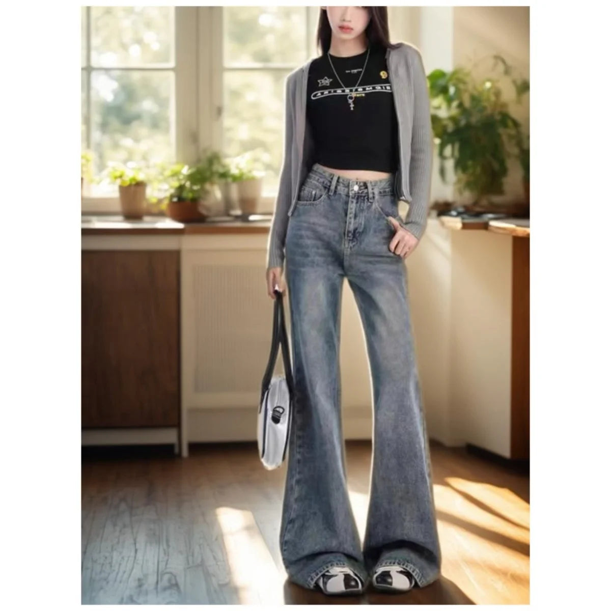 Women's High Waisted Flared Jeans American Retro Fashion Casual Denim Trousers Hot Girl Style Long Pants Versatile for daily use