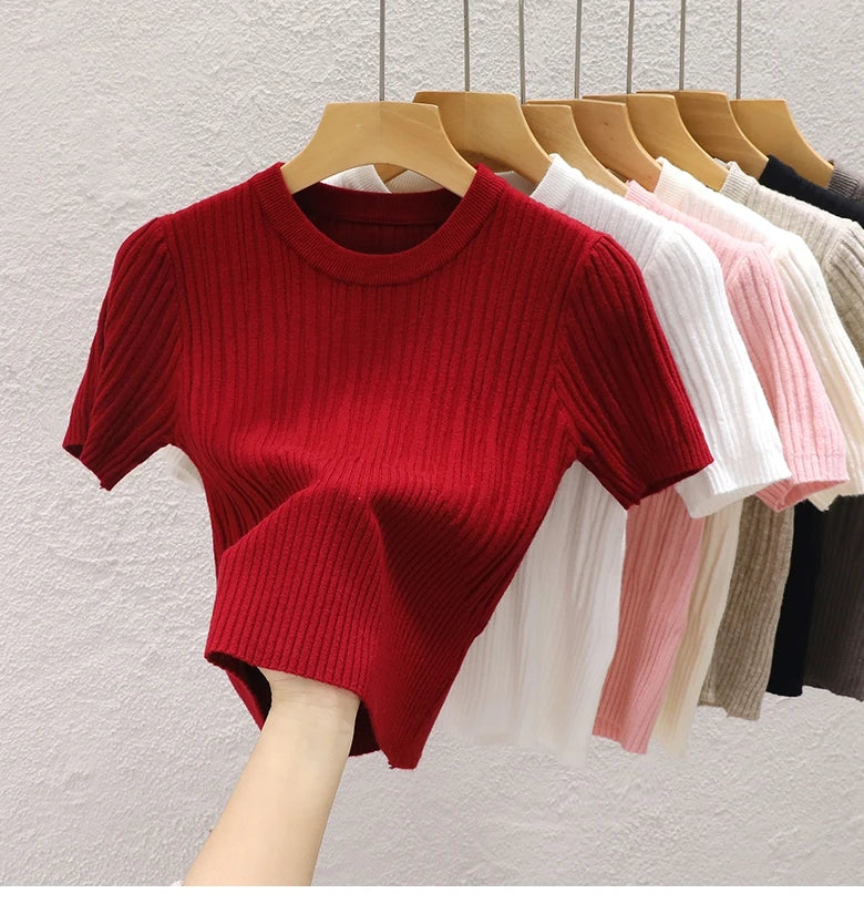 2026 Summer T shirts for Women Casual Female Korean Knit Streetwear Tees Basic Solid Young Cool Tops