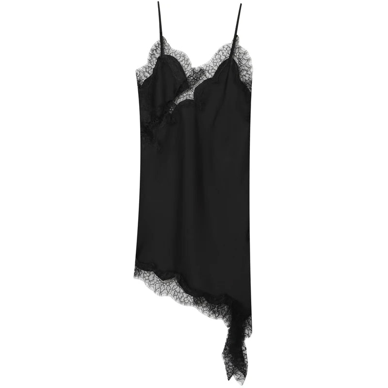 HXAO 2025 Women's Lace Asymmetric Dress Sexy Midi Slip Dress Chic Sleeveless Backless Vestido Luxury Women's Elegant Party Dress