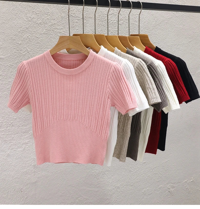 2026 Summer T shirts for Women Casual Female Korean Knit Streetwear Tees Basic Solid Young Cool Tops