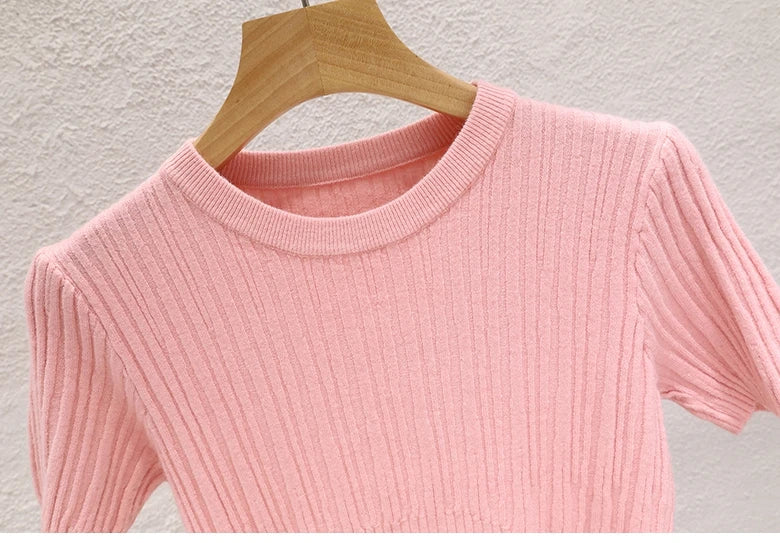 2026 Summer T shirts for Women Casual Female Korean Knit Streetwear Tees Basic Solid Young Cool Tops